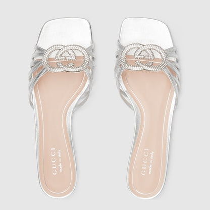 Women's silver leather GG crystal cross-strap slider sandals