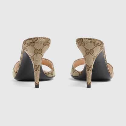 Damen-Slider-Sandalen mit Morsetto aus beigem und braunem Stoff