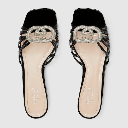 Women's GG Criss-Cross Crystal-Embellished Patent Leather Slider Sandals in Black