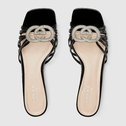 Women's GG Criss-Cross Crystal-Embellished Patent Leather Slider Sandals in Black