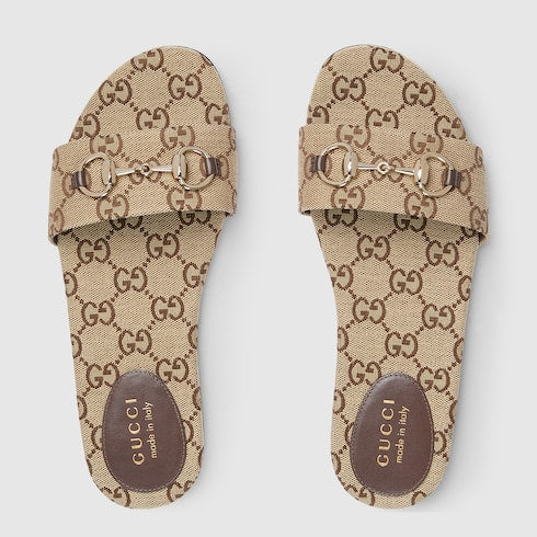Women's GG Canvas Slides with Morsetto in Beige and Dark Brown