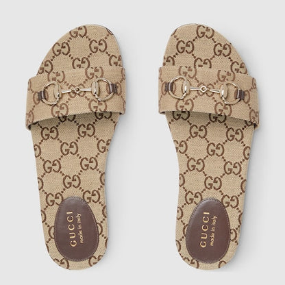 Women's GG Canvas Slides with Morsetto in Beige and Dark Brown