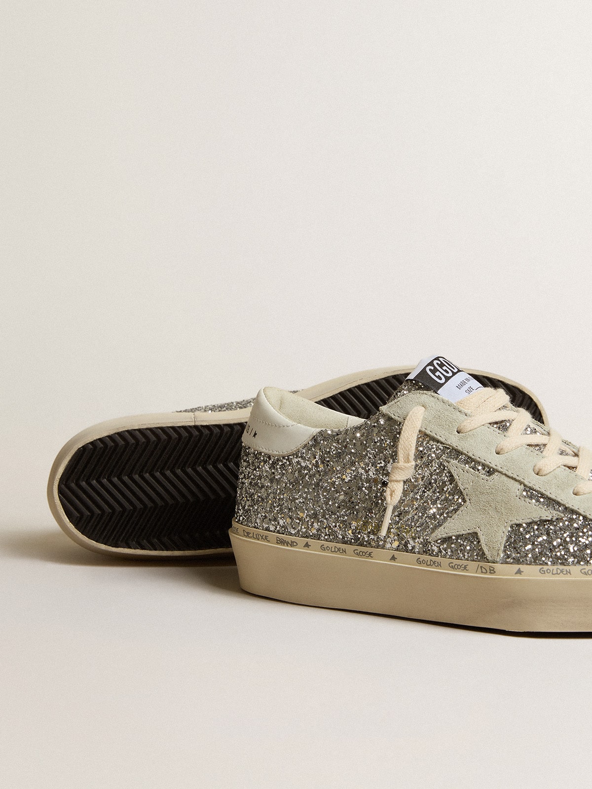 Hi Star sandal in silver glitter with suede star and white heel section