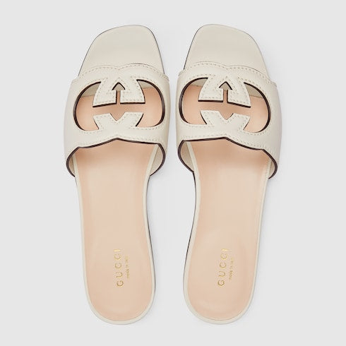 Women's white leather GG cross-strap slider sandals