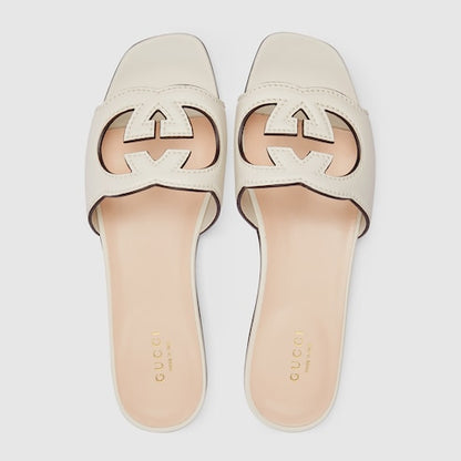 Women's white leather GG cross-strap slider sandals