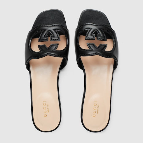 Women's GG Criss-Cross Strap Leather Slider Sandals in Black