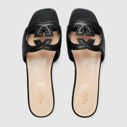 Women's GG Criss-Cross Strap Leather Slider Sandals in Black