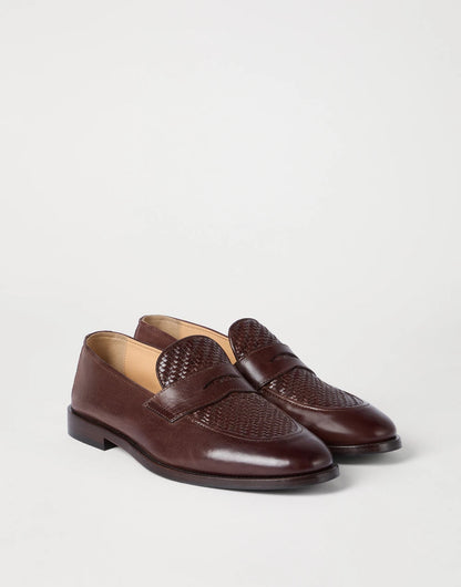 Penny loafers in braided calfskin and shiny calfskin Dark brown