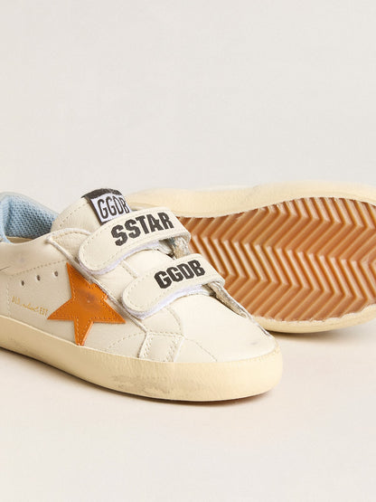 Old School Young in leather with orange star and baby blue heel