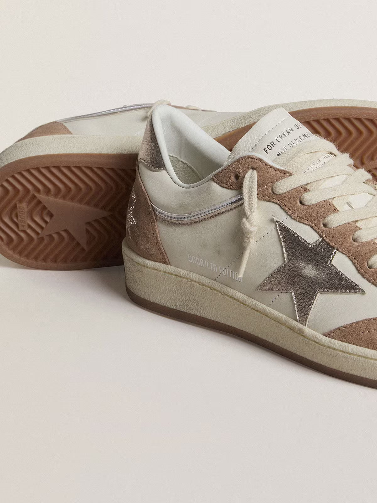 LTD in white nappa and old rose suede with star and heel in silver metallic leather