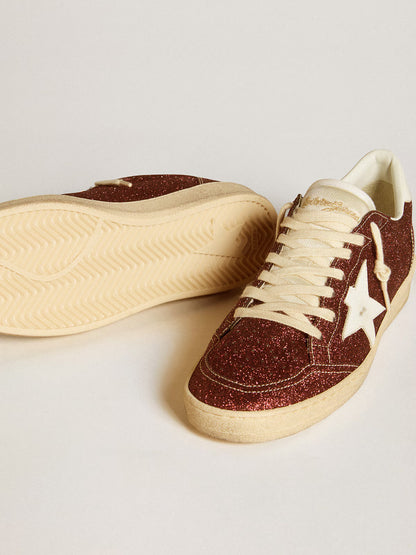 Bordeaux glitter with a star and white leather heel counter