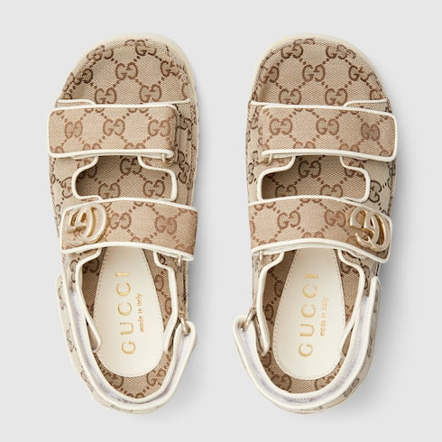 Women's Double G sandals with GG fabric in beige and dark brown
