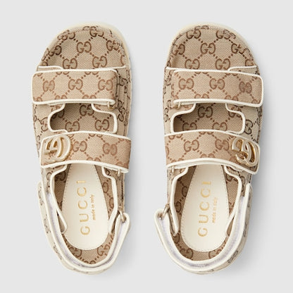 Women's Double G sandals with GG fabric in beige and dark brown