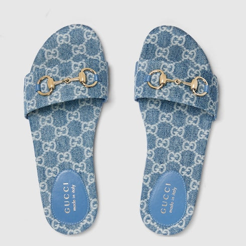 Damen-Slider-Sandalen mit Morsetto aus blauem GG-Denim