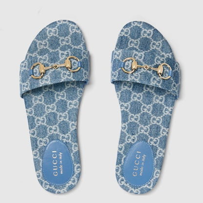 Damen-Slider-Sandalen mit Morsetto aus blauem GG-Denim