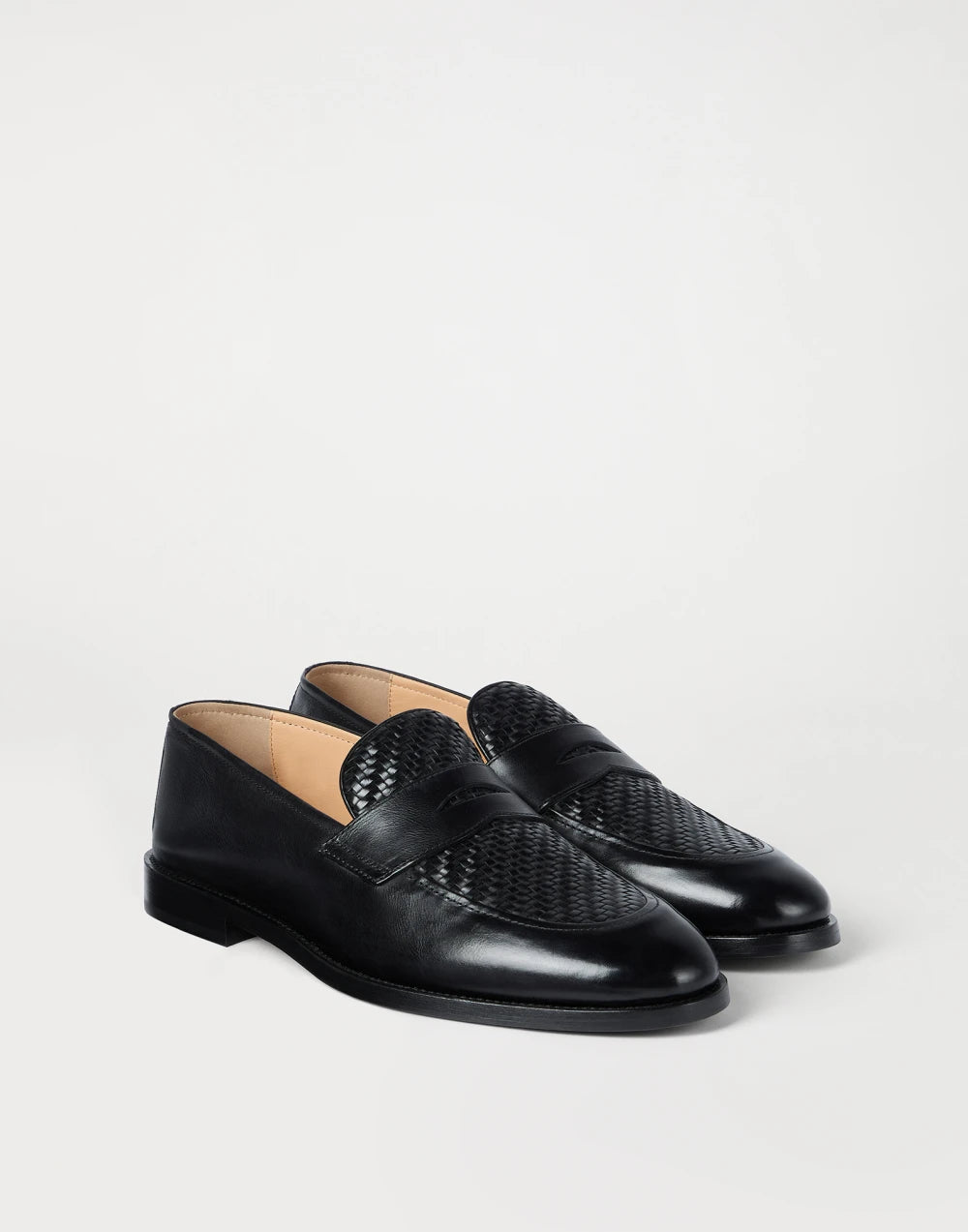 Braided calfskin and polished calfskin penny loafers in black