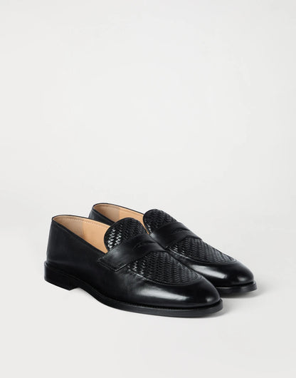 Braided calfskin and polished calfskin penny loafers in black