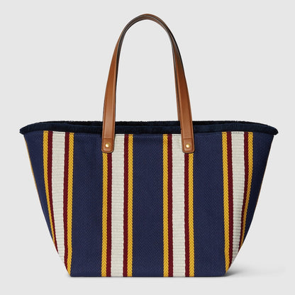 Shopper bag made of embroidered dark blue fabric, medium