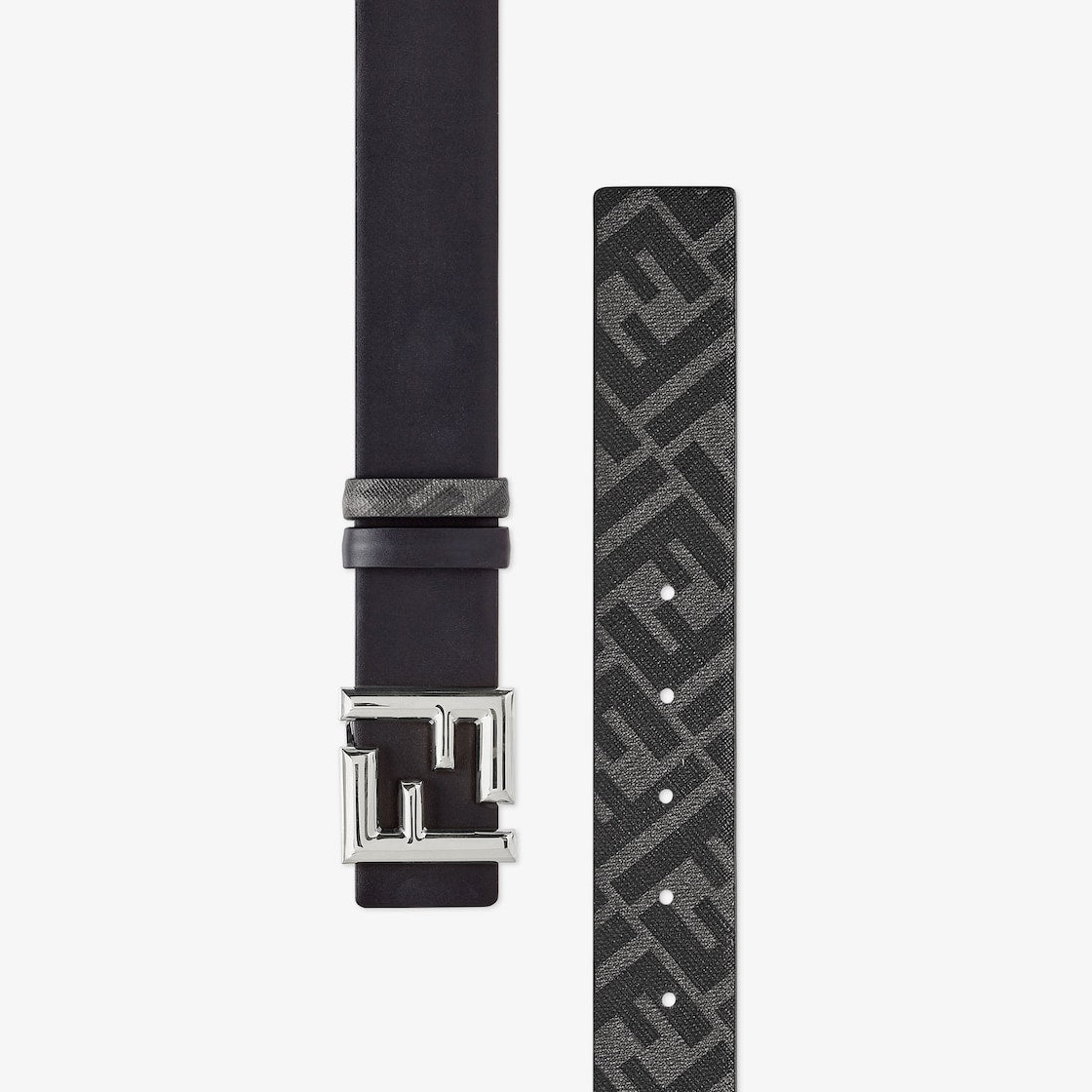 Men's reversible leather belt in black with FF pattern in grey/black
