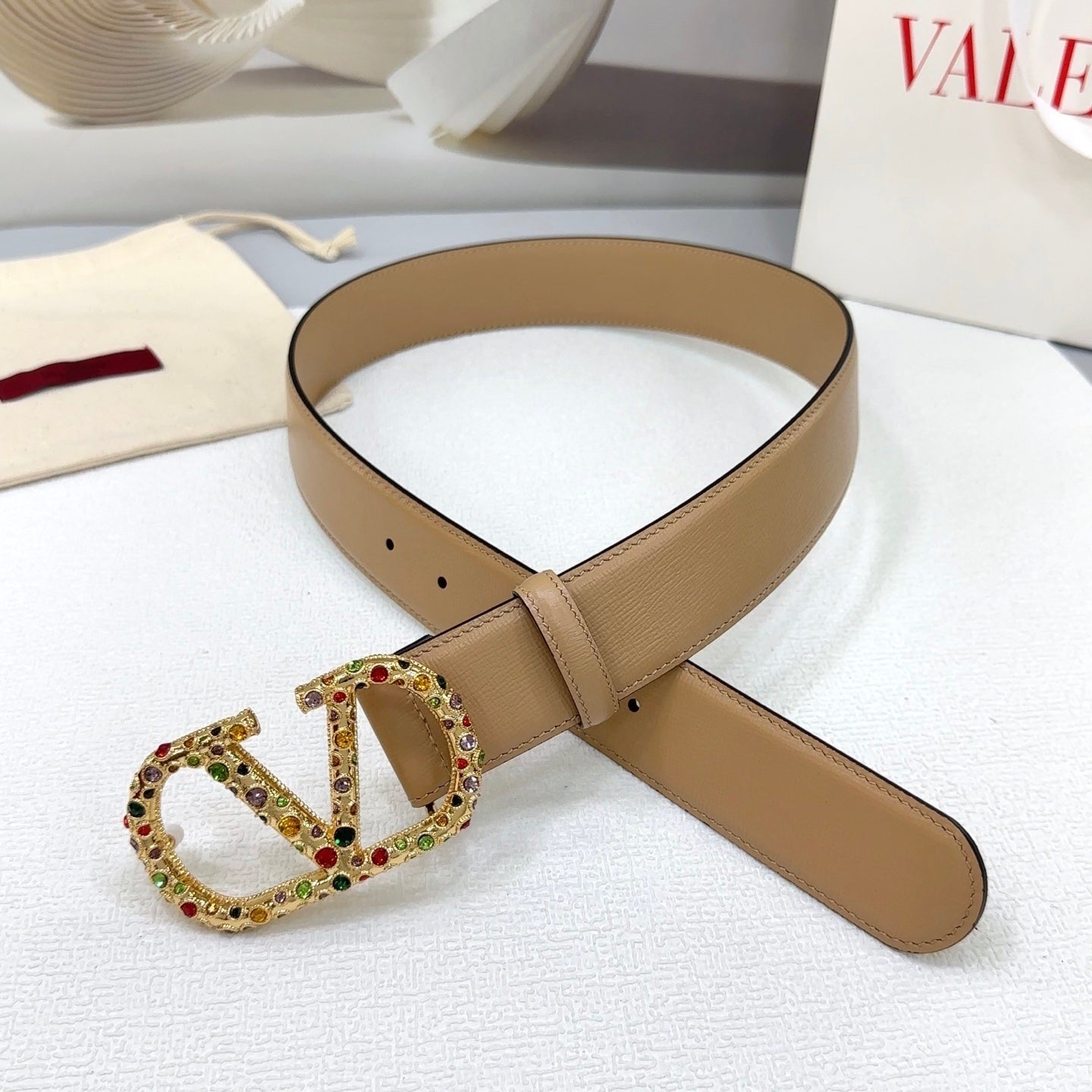 Reversible belt VLogo Signature Beige with multicolored Swarovski crystals
