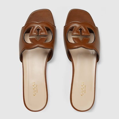 Damen-Slider-Sandalen mit GG-Cut-out-Kreuzdetail aus Leder in Naturlederfarbe