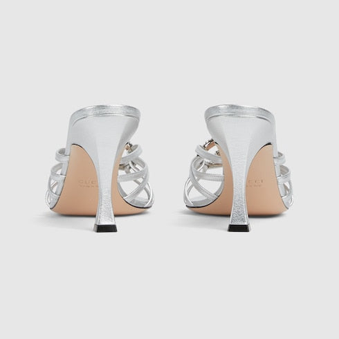 Women's heeled slider sandals with GG criss-cross straps and crystals in silver leather