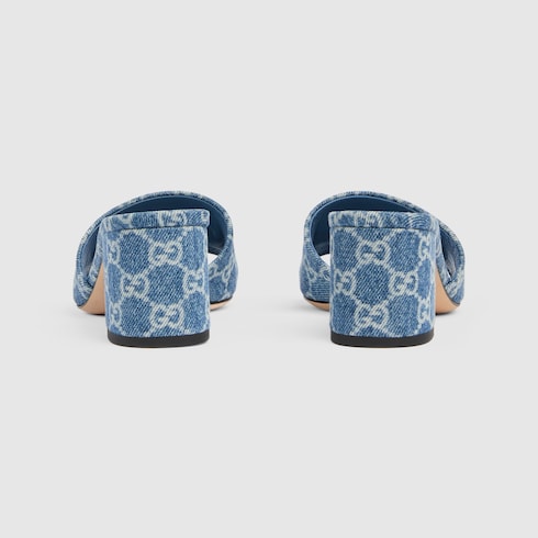 Women's heeled slider sandals in blue GG denim