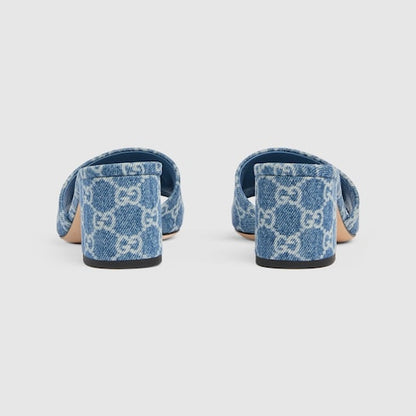 Women's heeled slider sandals in blue GG denim