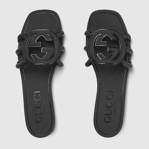 Women's Black Rubber GG Criss-Cross Strap Slider Sandals