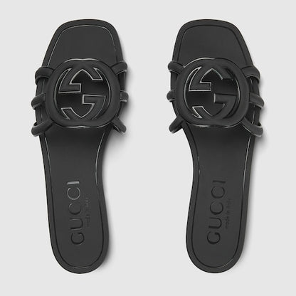 Women's Black Rubber GG Criss-Cross Strap Slider Sandals
