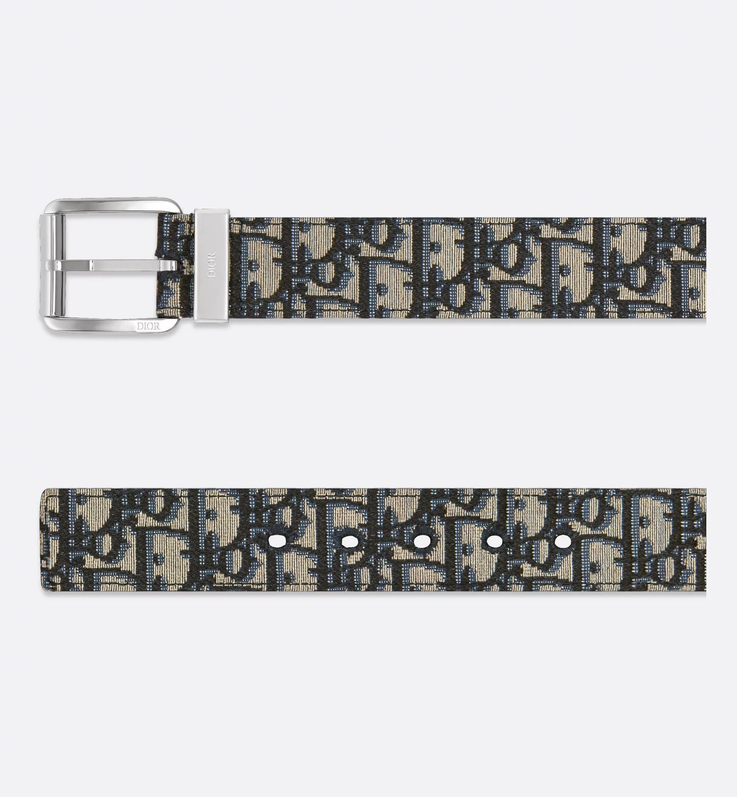 Beige and black oblique jacquard belt with black grained calfskin, 35 mm, men's