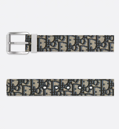 Beige and black oblique jacquard belt with black grained calfskin, 35 mm, men's