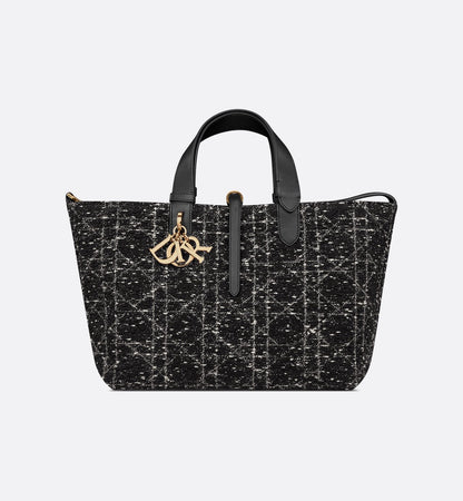 Toujours Medium Schwarze Tweed Tasche mit weißem Cannage-Muster