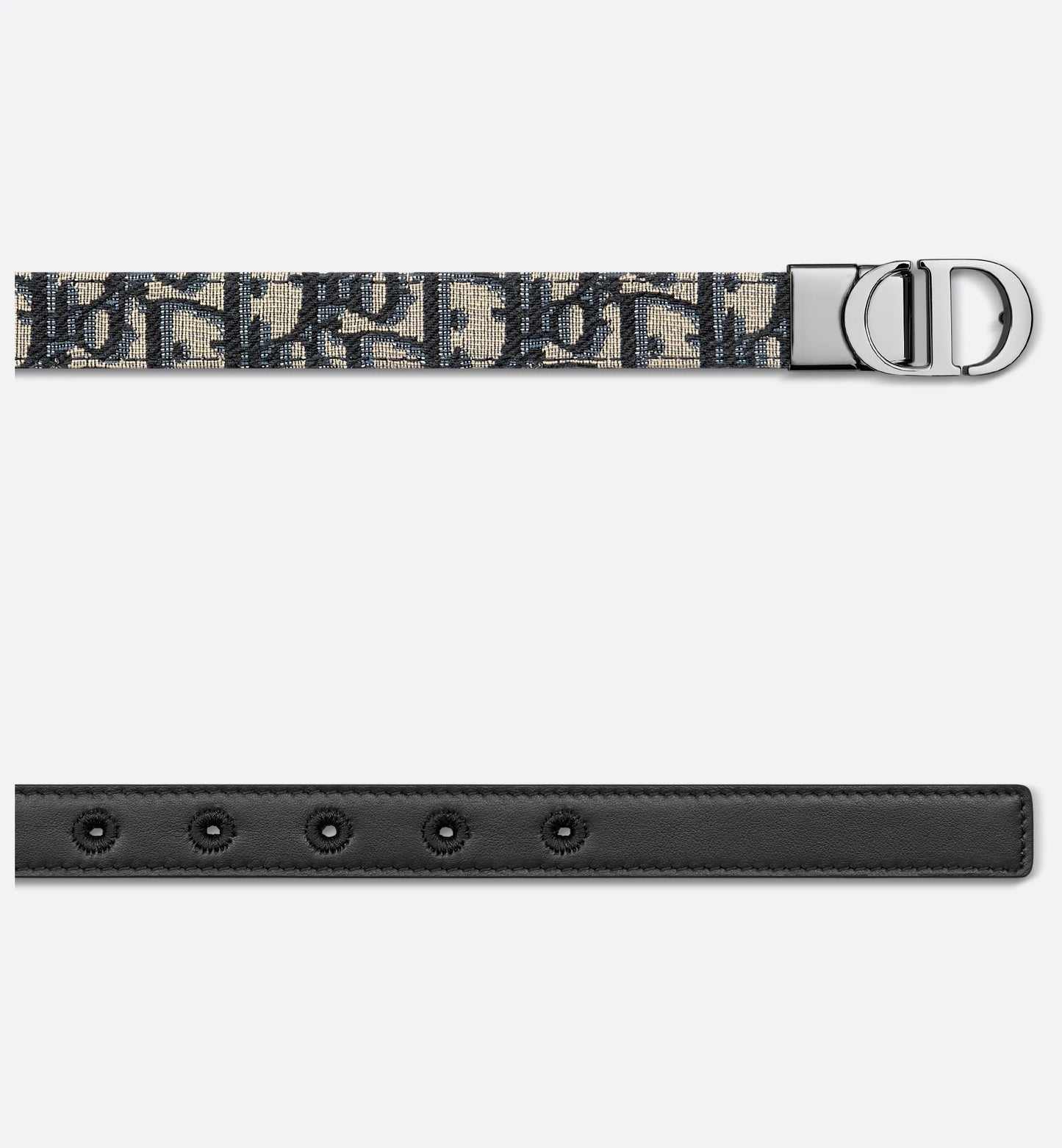30 Wende-Gürtel Montaigne aus glattem blauem Kalbsleder und Oblique Jacquard mit silberner 20-mm-Schnalle für Damen