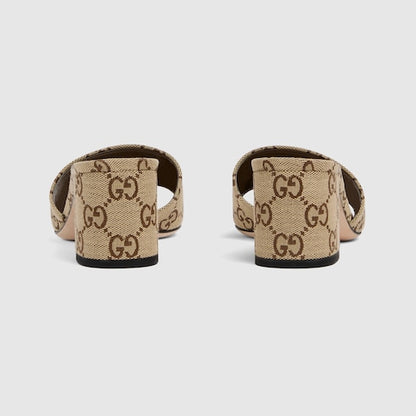 Women's slider sandals with Morsetto in GG fabric in camel and brown