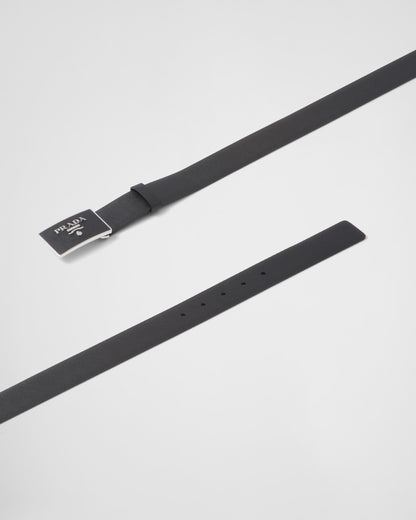 Black Saffiano leather belt with leather-covered metal buckle for men