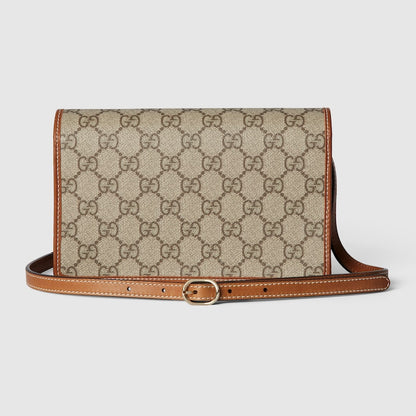 GG emblem wallet with shoulder strap in beige fabric