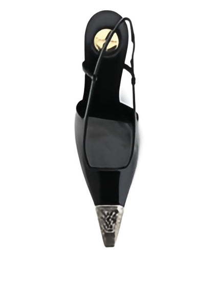 Spitz zulaufende Slingback-Pumps aus schwarzem Leder 75 mm