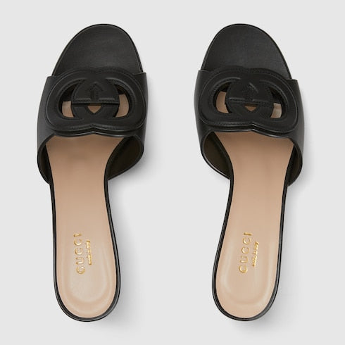 Women's GG Criss-Cross Strap Leather Slider Sandals in Black