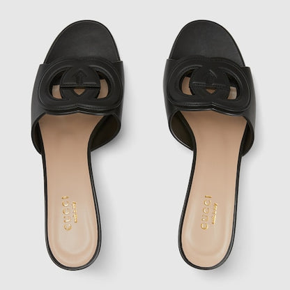 Women's GG Criss-Cross Strap Leather Slider Sandals in Black