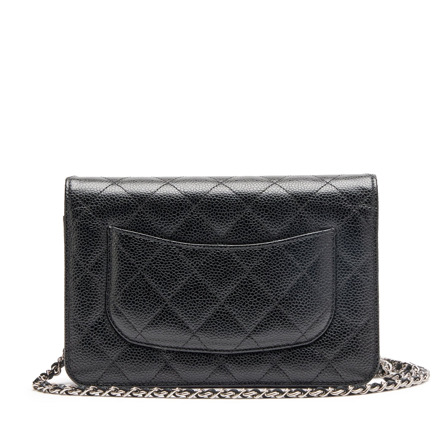 Schwarze Geldbörse mit Kette und silberfarbenem Logo