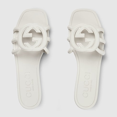 Women's white rubber GG cross-strap slider sandals