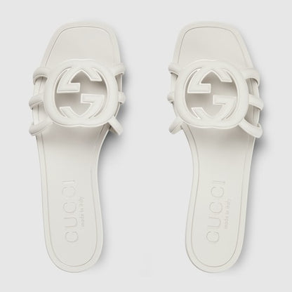 Women's white rubber GG cross-strap slider sandals