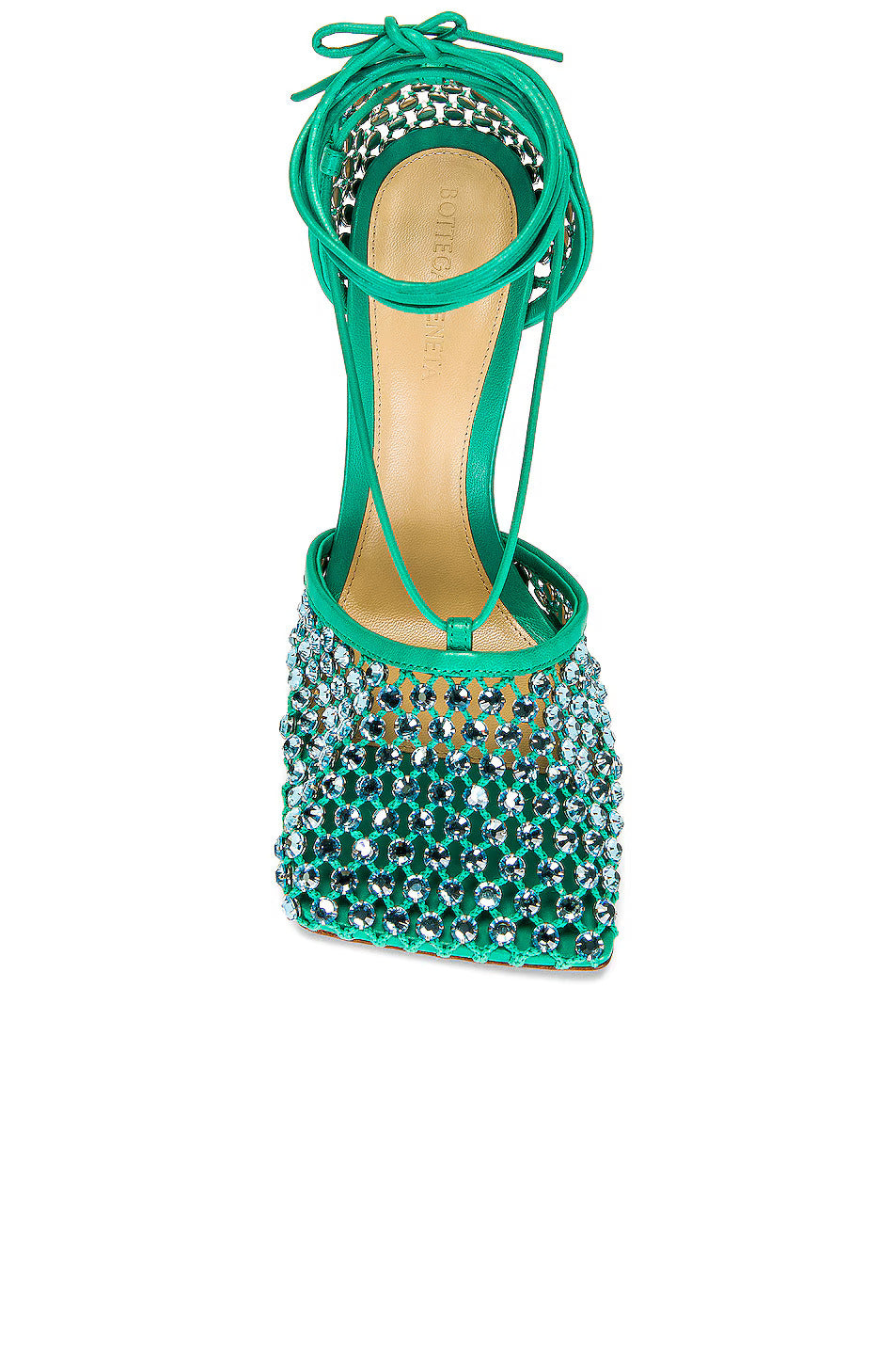 Sandals with elasticated straps, rhinestones and 90 mm lacing in vibrant turquoise