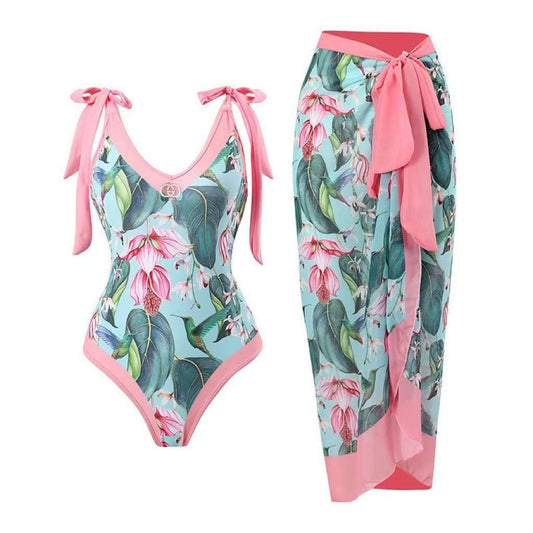 Badeanzug und Sarong mit Kolibri-Blumenprint