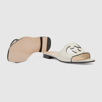 Women's white leather GG cross-strap slider sandals