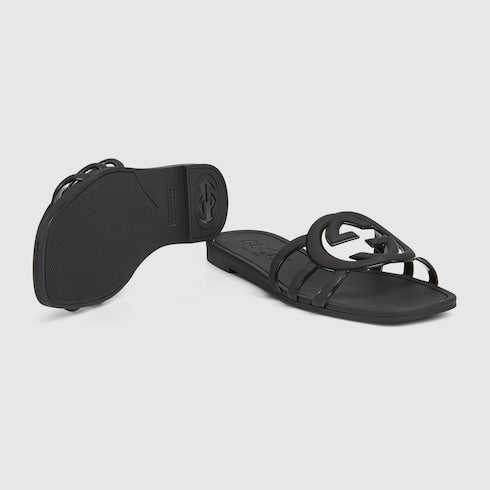 Women's Black Rubber GG Criss-Cross Strap Slider Sandals