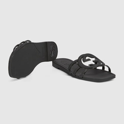 Women's Black Rubber GG Criss-Cross Strap Slider Sandals