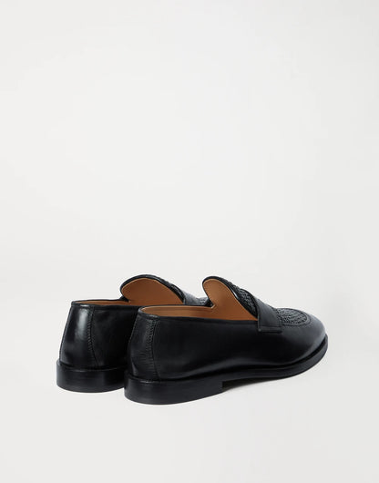 Braided calfskin and polished calfskin penny loafers in black