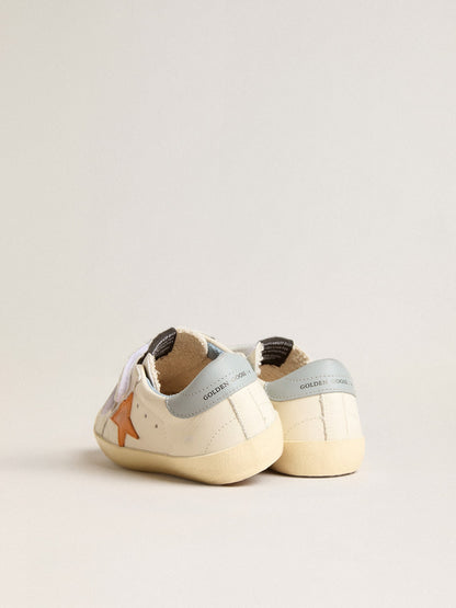 Old School Young in leather with orange star and baby blue heel